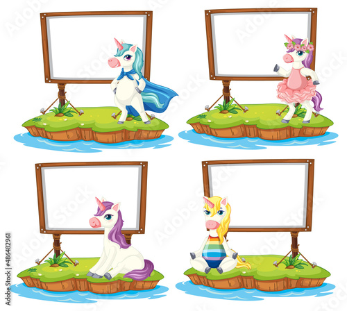 Set of different blank banners with unicorns