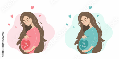 Pregnant happy woman with belly is expecting a baby, boy or girl. Gender of child. Flat cartoon vector illustration isolated on white background.