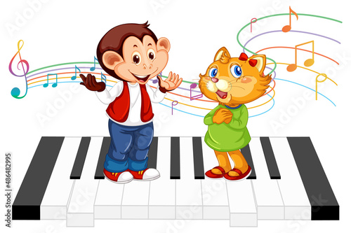 Cute monkey and cat cartoon character standing on piano