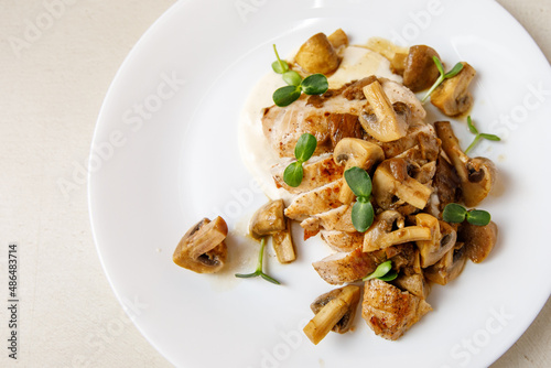 Obraz na płótnie Turkey and mushroom dish with bechamel sauce.