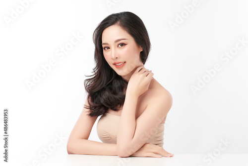 Beautiful young asian woman with clean fresh skin on white background, Face care, Facial treatment, Cosmetology, beauty and spa, Asian women portrait.