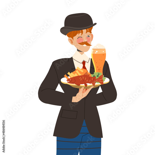 Gastronomic Tourism with Man Character Holding Authentic English Dish with Beer and Fish and Chips Vector Illustration