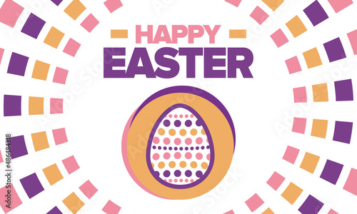 Happy Easter in April. Christian spring holiday in honor of the resurrection of Christ. Biblical history. Traditional dyeing eggs with patterns, fun game for children searching for easter eggs. Vector