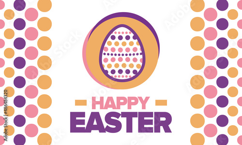 Happy Easter in April. Christian spring holiday in honor of the resurrection of Christ. Biblical history. Traditional dyeing eggs with patterns, fun game for children searching for easter eggs. Vector