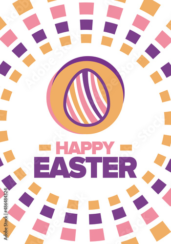 Happy Easter in April. Christian spring holiday in honor of the resurrection of Christ. Biblical history. Traditional dyeing eggs with patterns, fun game for children searching for easter eggs. Vector