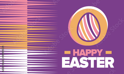 Happy Easter in April. Christian spring holiday in honor of the resurrection of Christ. Biblical history. Traditional dyeing eggs with patterns, fun game for children searching for easter eggs. Vector