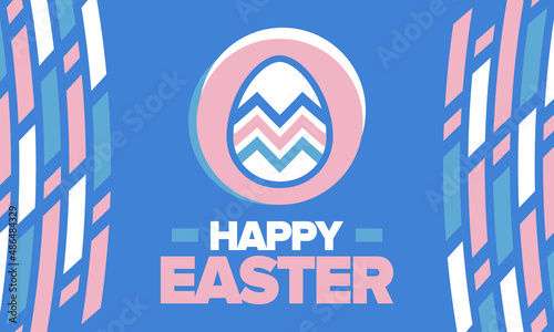 Happy Easter in April. Christian spring holiday in honor of the resurrection of Christ. Biblical history. Traditional dyeing eggs with patterns, fun game for children searching for easter eggs. Vector
