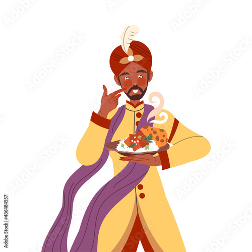 Gastronomic Tourism with Man Character in Turban Holding Authentic Indian Dish with Rice and Chicken Curry Vector Illustration