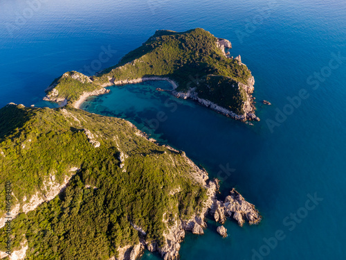 Aerial drone view of famous porto timoni beach in afionas village corfu , greece photo