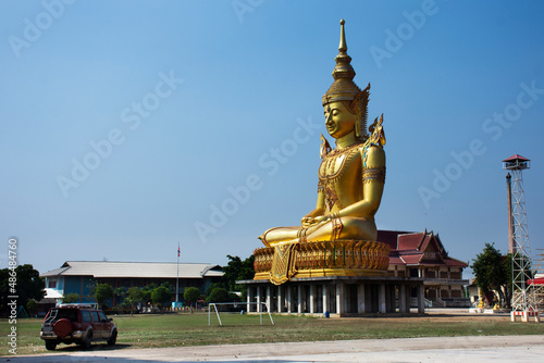 Phra Si Ariya Mettrai buddha statue for travelers thai people travel visit respect praying blessing holy mystery at Wat Thung Kraphang Hom or Sakha temple at Kamphaeng Saen in Nakhon Pathom, Thailand