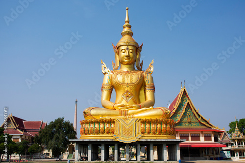 Phra Si Ariya Mettrai buddha statue for travelers thai people travel visit respect praying blessing holy mystery at Wat Thung Kraphang Hom or Sakha temple at Kamphaeng Saen in Nakhon Pathom, Thailand photo