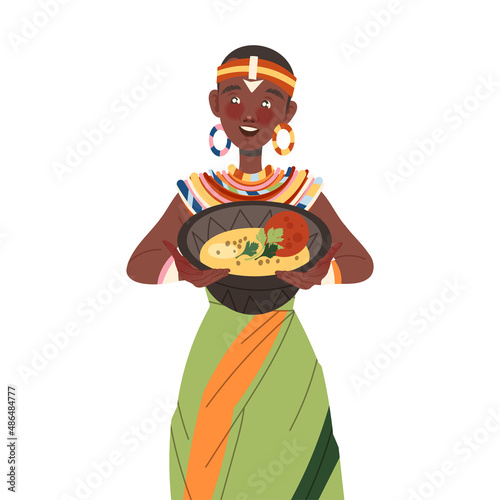 Gastronomic Tourism with Woman Character Holding Authentic African Dish Vector Illustration