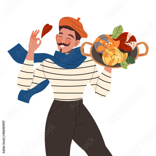 Gastronomic Tourism with Moustached Man Character Holding Authentic French Dish with Escargot Vector Illustration © Happypictures