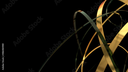 Golden and glass rings on black background. 3d render illustration