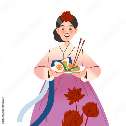 Gastronomic Tourism with Woman Character Holding Authentic Korean Dish with Noodles and Chopsticks Vector Illustration