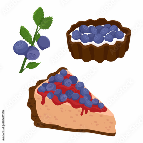 Blueberry heap with green leaves, cheesecake and cake ith blueberry