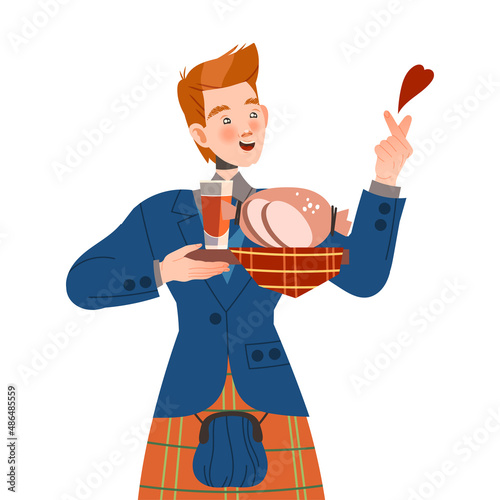 Gastronomic Tourism with Man Character Holding Authentic Scottish Dish of Haggis Vector Illustration