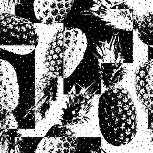 Pineapple seamless pattern. Repeated ananas printed. Repeating contemporary fruit design for summer prins. Black pineapples on white background. Modern stylish texture. Monocrome printing. Vector