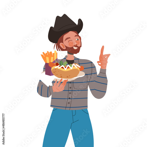 Gastronomic Tourism with Bearded Man Character in Cowboy Hat Holding Authentic American Dish with Hot Dog and French Fries Vector Illustration