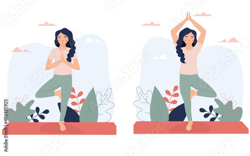 Cards with yoga girl, woman vector illustration. Flat design