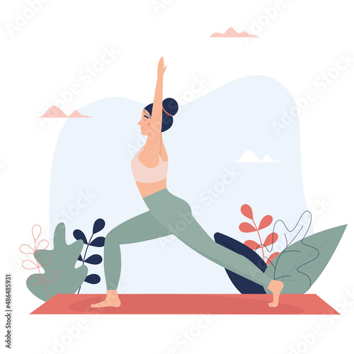 Girl is practicing yoga. Flat illustration in nature style