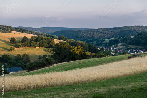 Scenic view of the German countryside just before dusk, Mespelbrunn, Bavaria, Germany