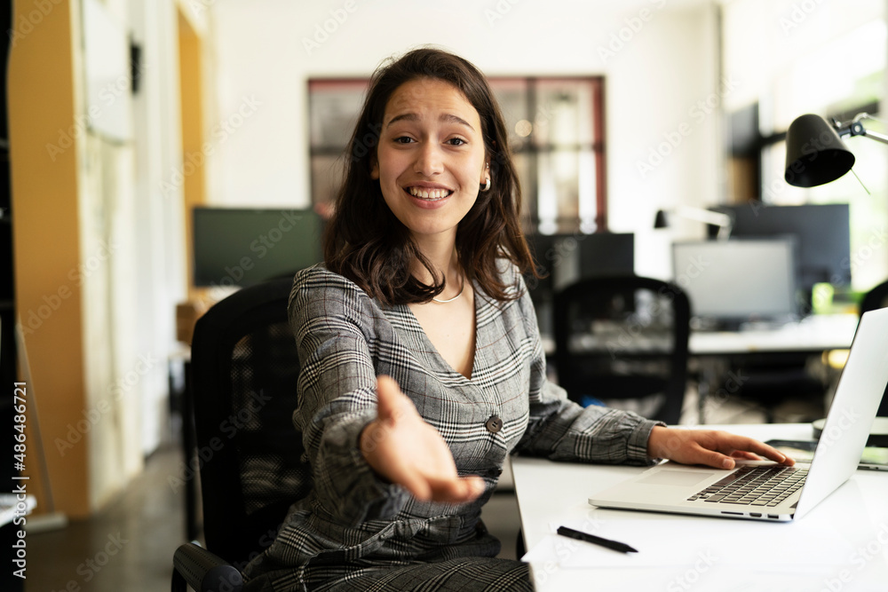 Happy businesswoman working on laptop. Portrait of beautiful businesswoman in the office.