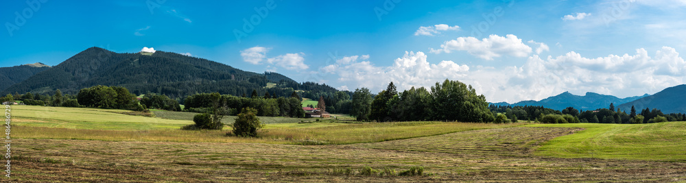 Scenic view over the German countryside around the village Bad Kohlgrub, Bavaria.