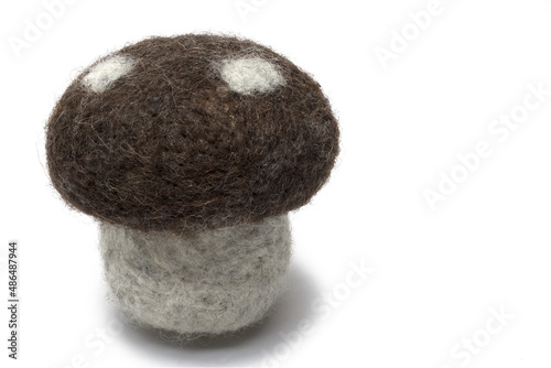 closeup handmade felt toadstool mushroom white background © PictureSyndicate