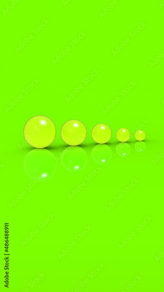 Five glass balls of different sizes of yellow color on Lime Green background. Growth of something. Progress. Vertical image. 3D image. 3D rendering. Five glass balls of different sizes of yellow color on Lime Green background. Growth of something. Progress. Vertical image. 3D image. 3D rendering.