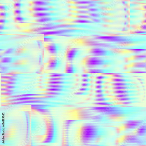 Psychedelic neon meta seamless pattern with striped moire abstract shapes. Metaverse concept background for wall art, wallpaper, wall panel, textile, poster, web banner, mobile apps, interior decor. 