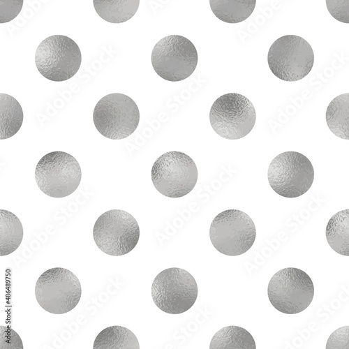 Luxury seamless silver polka dot pattern with shiny foil texture on white background vector illustration