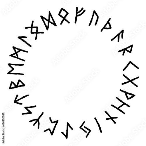 Vector set of ancient Old Norse runes Elder Futhark. 24 runes in circle. Mystical, esoteric, occult, magic symbols. Viking style, design template