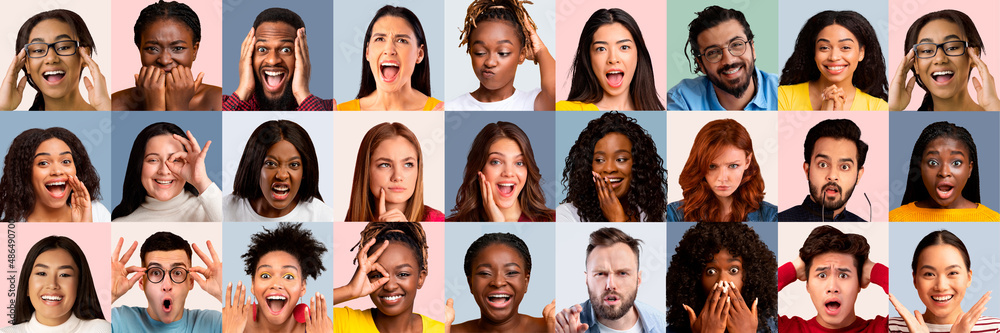 Multiethnic millennial people students showing different emotions, set of photos Multiethnic millennial people students showing different emotions, set of photos