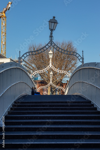 The Penny Ha'penny Bridge over the River Lifey, close up photography, A pedestrian bridge originally called the Wellington Bridge, Dublin, Ireland