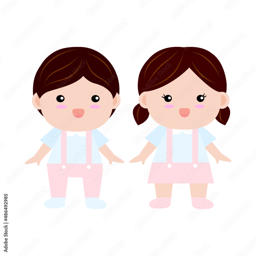 vector character of smile cute boy and girl children standing in kindergarten school uniform, flat design cartoon vector character of smile cute boy and girl children standing in kindergarten school uniform, flat design cartoon