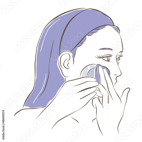 頬にメイク用フィルムを貼る女性のイラスト