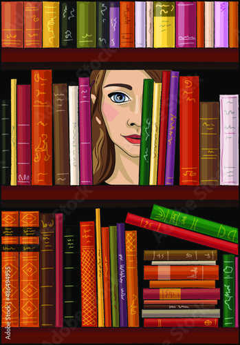 Girl face behind bookshelves, vector illustration