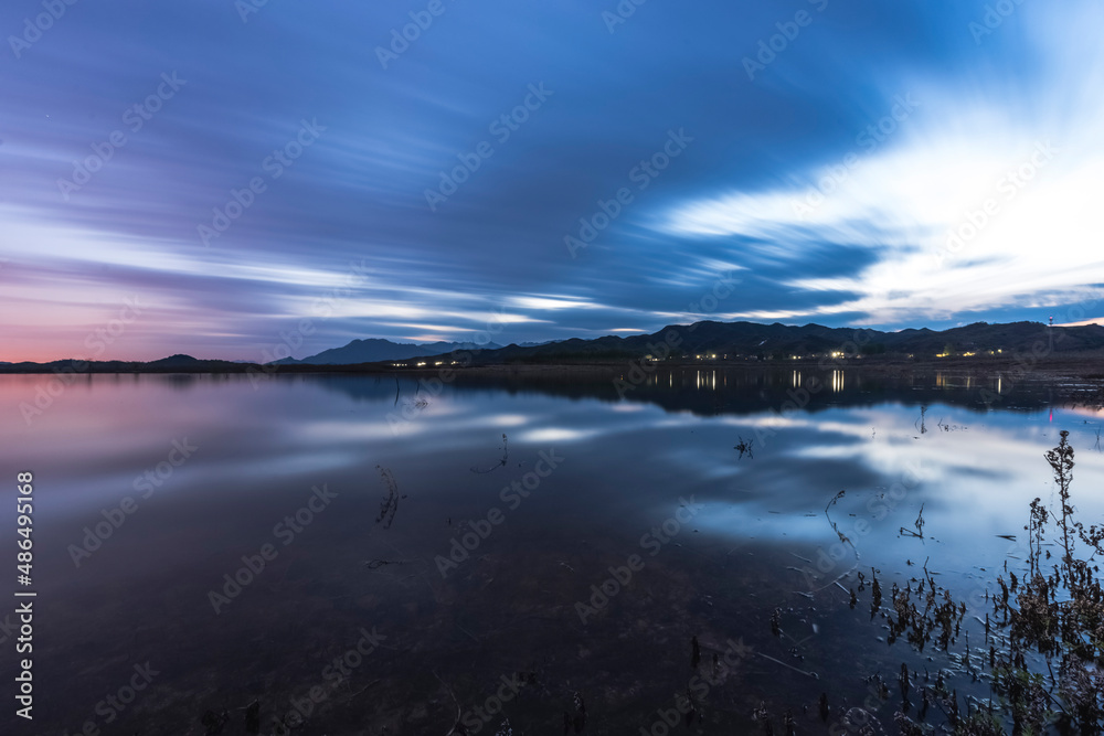Lake sunset in Miyun mountain area, China.