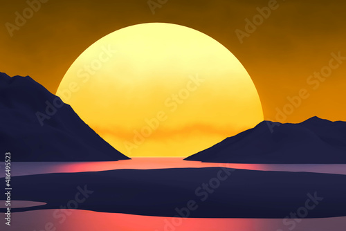 Orange sun island concept. Art design bright sun at dusk. 3D illustration.