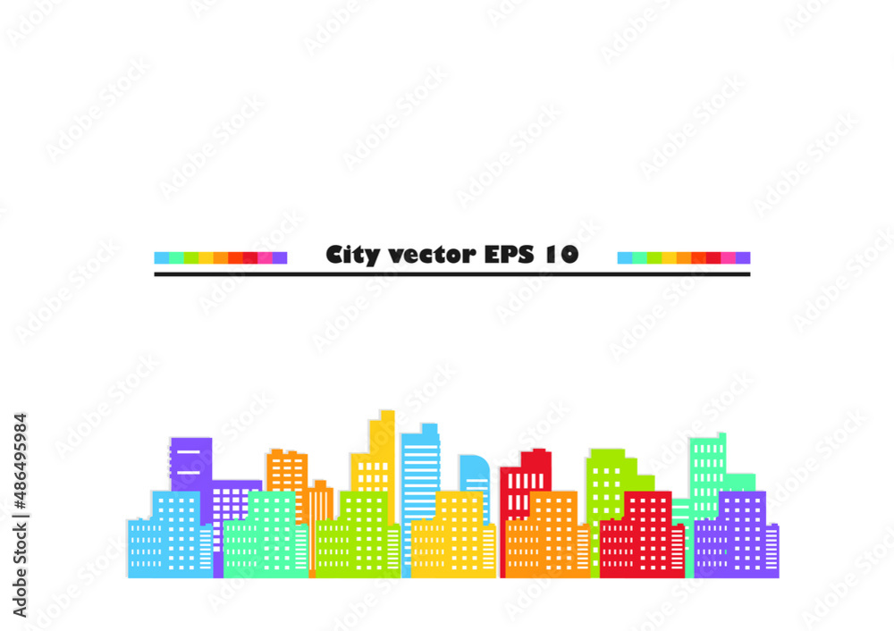 rainbow color flat illustration of city building vector, skyscraper urban design graphic background