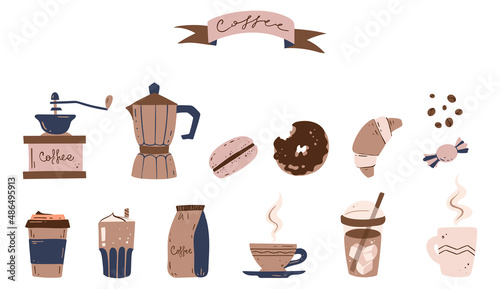 Set of coffe stuff cartoon style drawings, color vector illustration
