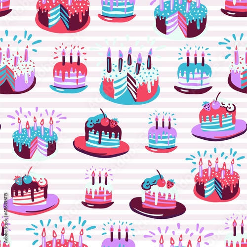 Bold and bright trendy pattern with repeating painted cakes. Wallpaper with desserts for any holiday and party to print on fabrics for clothes and paper for scrapbooking