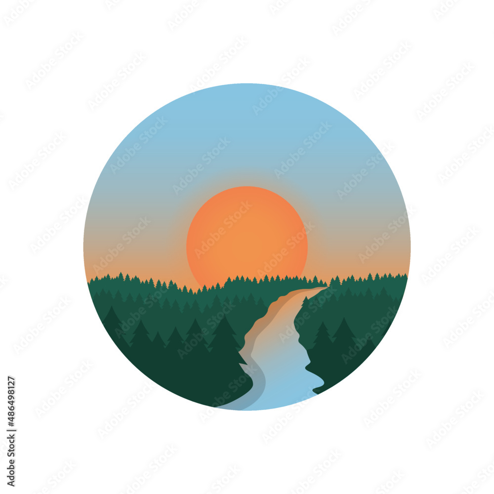 Forest and river landscape. Landscape vector template isolated on white background. Sunset landscape river and forest. Beautiful sunset landscape. Sunset sky. Circle shape