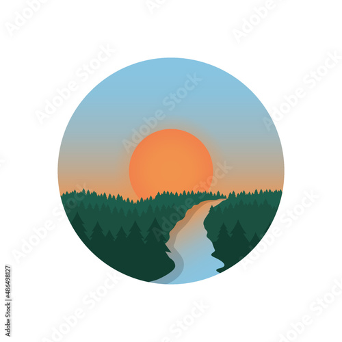 Forest and river landscape. Landscape vector template isolated on white background. Sunset landscape river and forest. Beautiful sunset landscape. Sunset sky. Circle shape