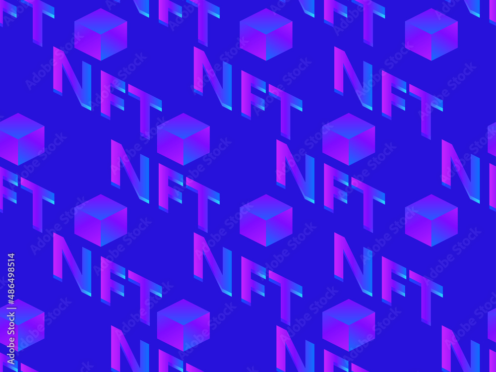 NFT token isometric text with cube seamless pattern. NFT non-fungible token. Digital art in blockchain technology. Design for banners and promotional items. Vector illustration