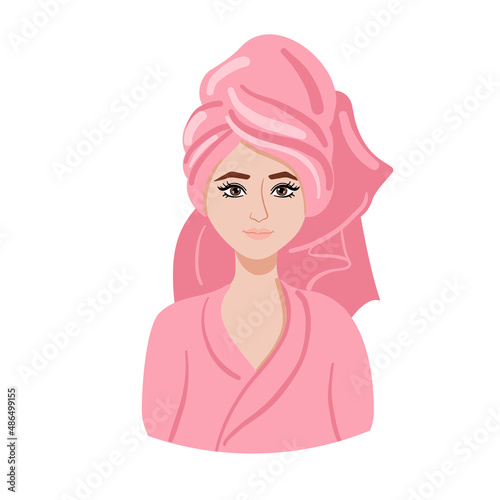 Woman in a pink bath robe and towel on her hair. Woman after bath vector illustration.  
