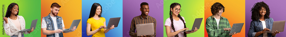 Collection of photos of international men and women with computers posing over colorful studio backgrounds, panorama Collection of photos of international men and women with computers posing over colorful studio backgrounds, panorama