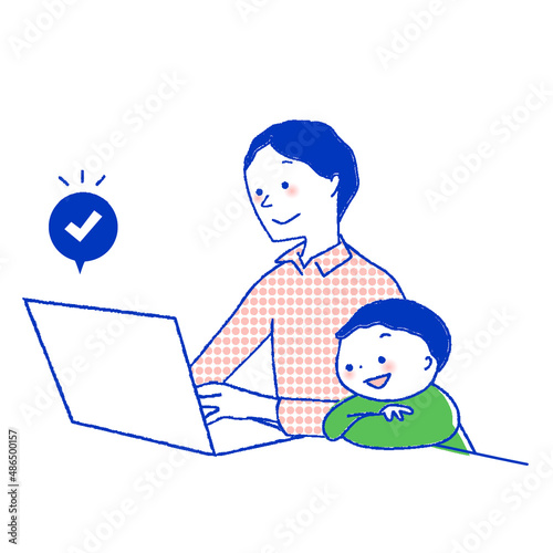 パソコンで予約を入れている親子