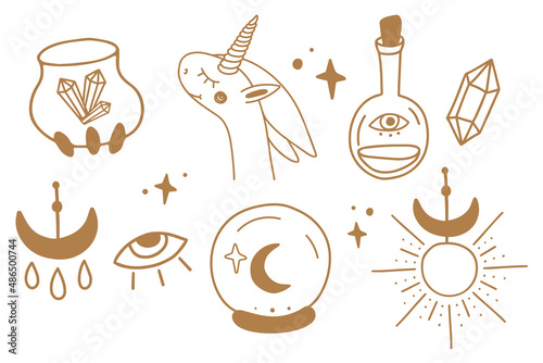 Sacred witch and mystical symbols in vector with sun, crystal, moon, eye, potion bottle, cauldron with crystals, unicorn, magic ball.